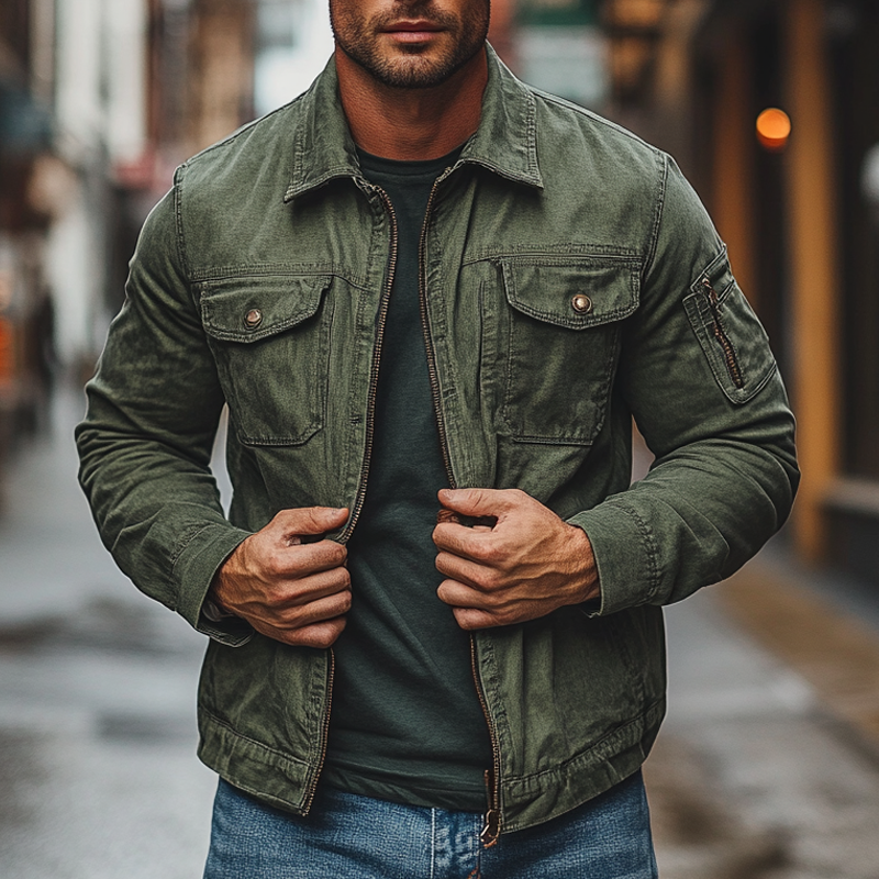 Herren Vintage Gewaschene Revers Jacke mit Reißverschluss