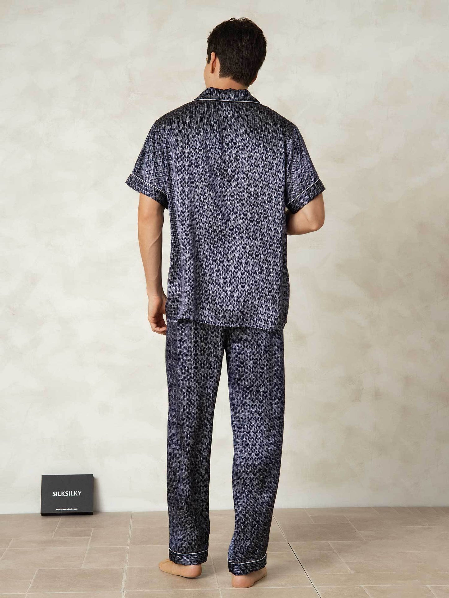 Homme Pyjamas Pure Soie Géométrique Long 2 Pièces