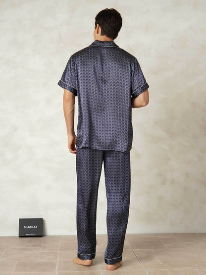 Homme Pyjamas Pure Soie Géométrique Long 2 Pièces