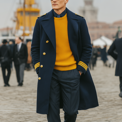 Herren Klassischer Retro Revers Marineblauer Woll Doppelreihiger Mantel mit Schulterklappen in Knielänge