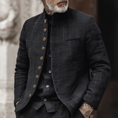Men's jacket with woven texture, check pattern, stand-up collar and single-breasted closure