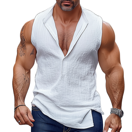 Men's Retro Casual Solid Color Linen V-Neck Tank Top MTA0121G1TO