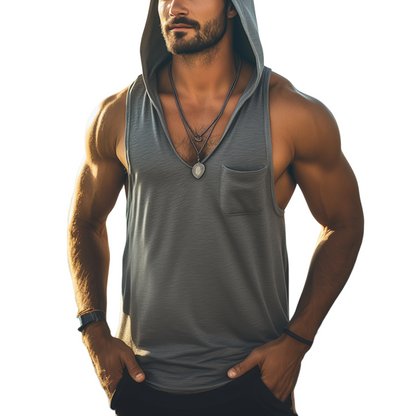 Men's Summer Basic Cotton Deep V Neck Hooded Tank Top MTA2860G6U