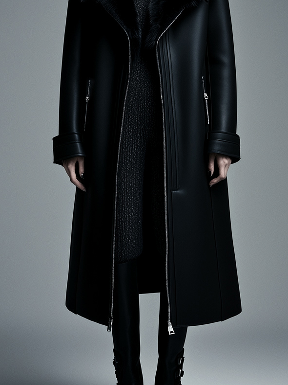 Dames trenchcoat van imitatieleer met capuchon, warm gevoerd en met bontafwerking
