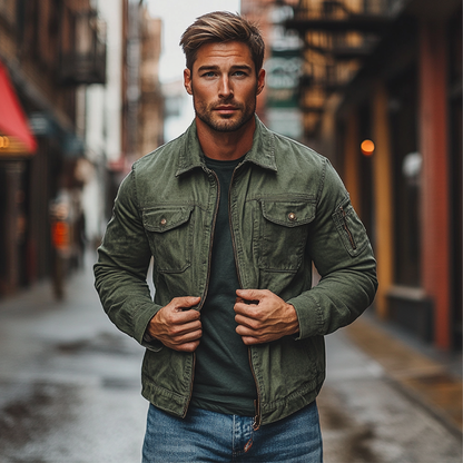 Herren Vintage Gewaschene Revers Jacke mit Reißverschluss