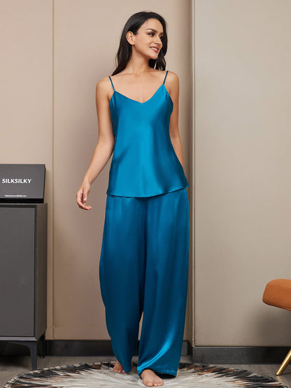 Zijden pyjamaset met camisole en wijde broek
