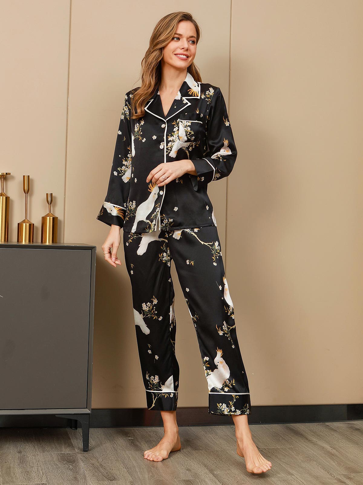 2-delige pyjama van pure zijde met print