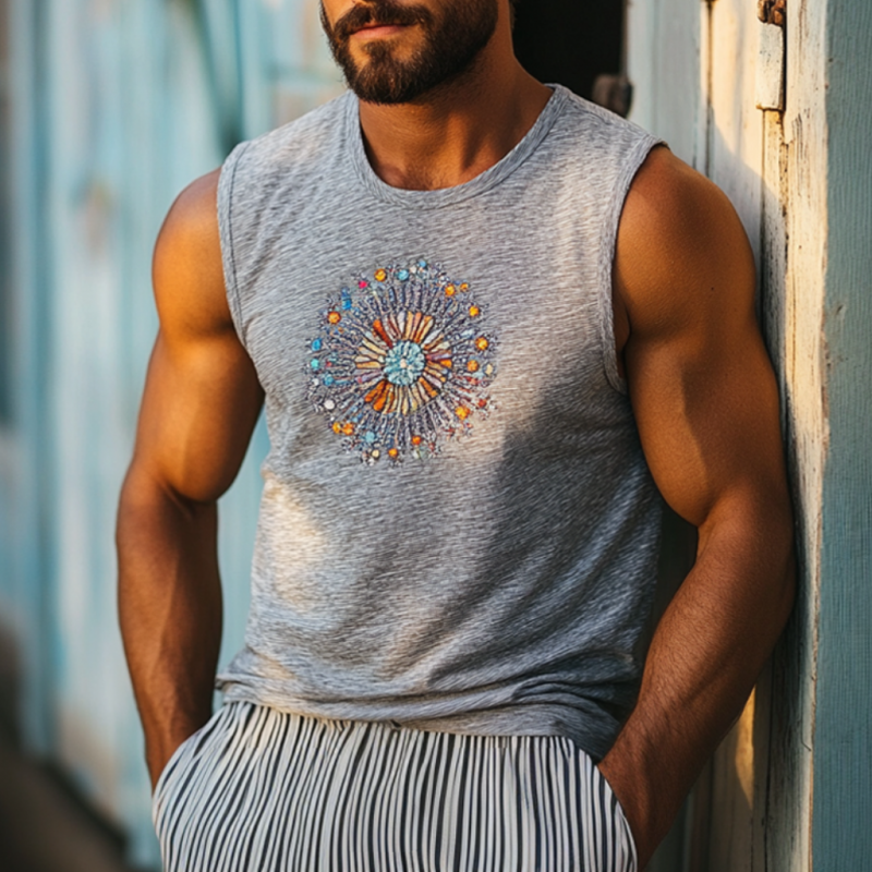 Heren Boheemse Geborduurde Ademende Bamboe Katoenen Tanktop met Ronde Hals en Slim Fit MTA2918E1M