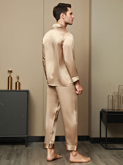 Pyjama à Revers en Pure Soie pour Hommes 2Pcs