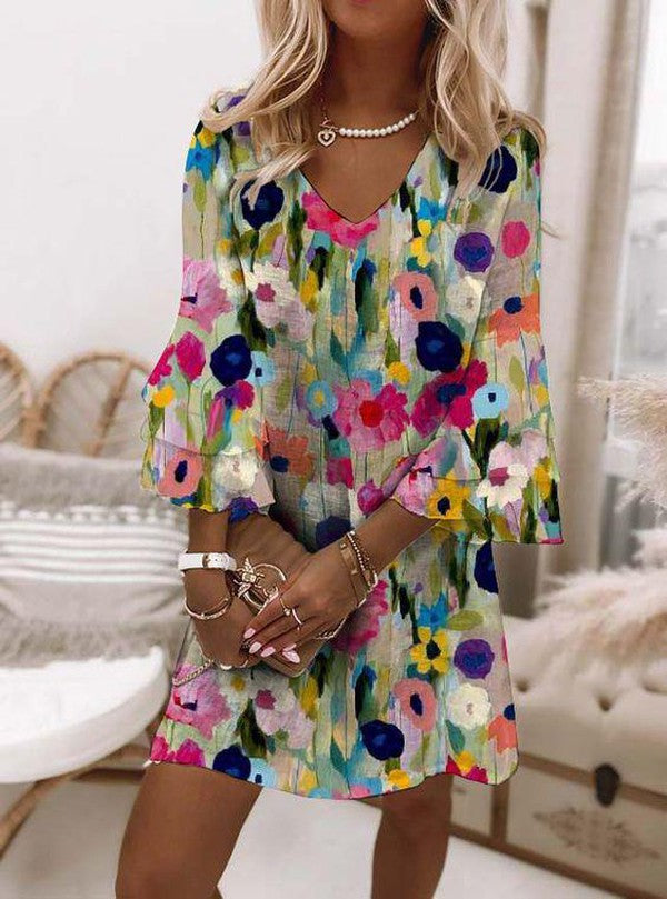 Tabitha - Romantisches Blumenmuster V-Ausschnitt Mini-Kleid