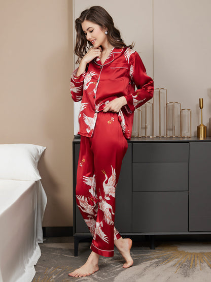 19Momme Ensemble Pyjama Complet à Imprimé Grue en Soie 100% Murier pour Femme