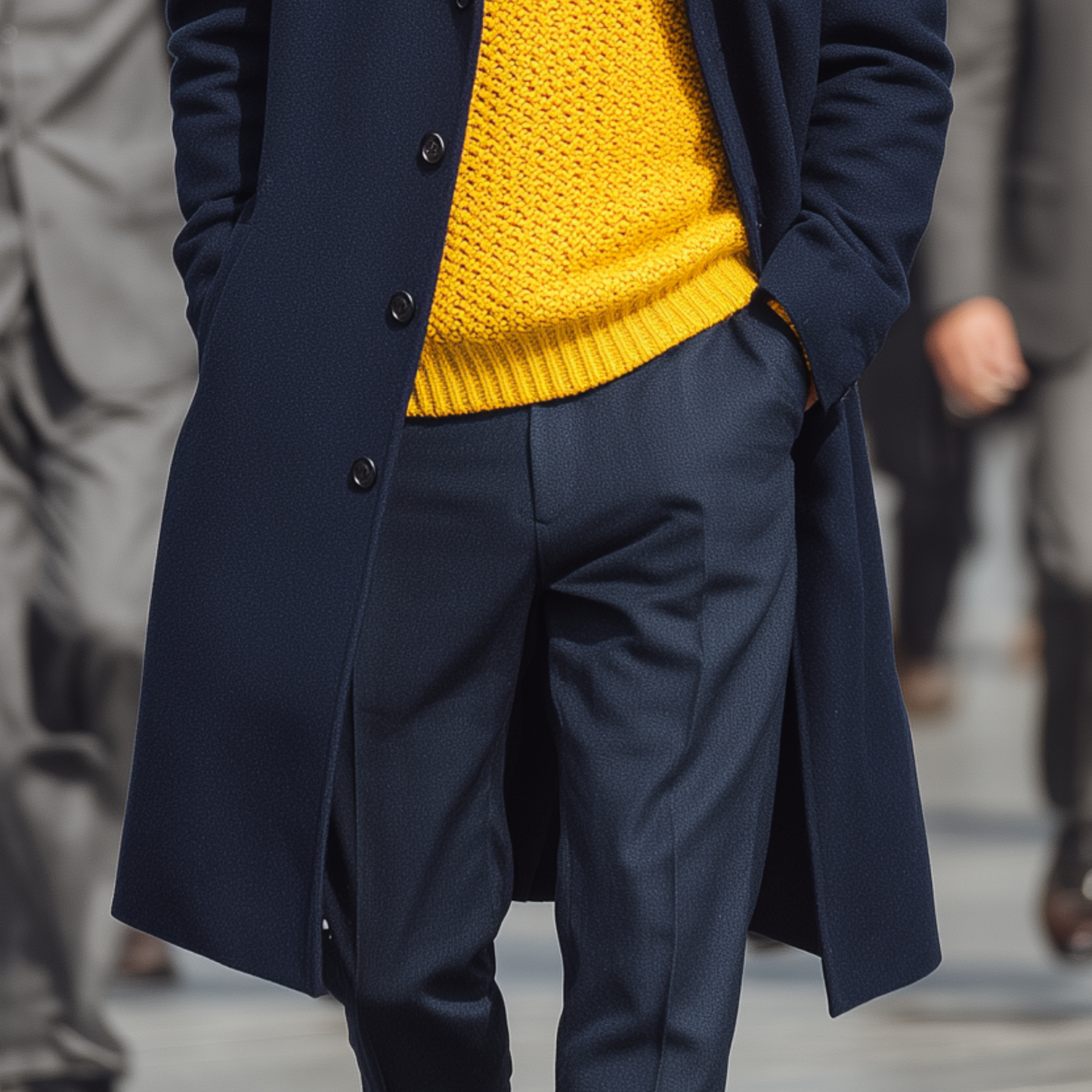 Herren Klassischer Retro Revers Navyblauer Woll Einreihiger Mantel in Knielänge