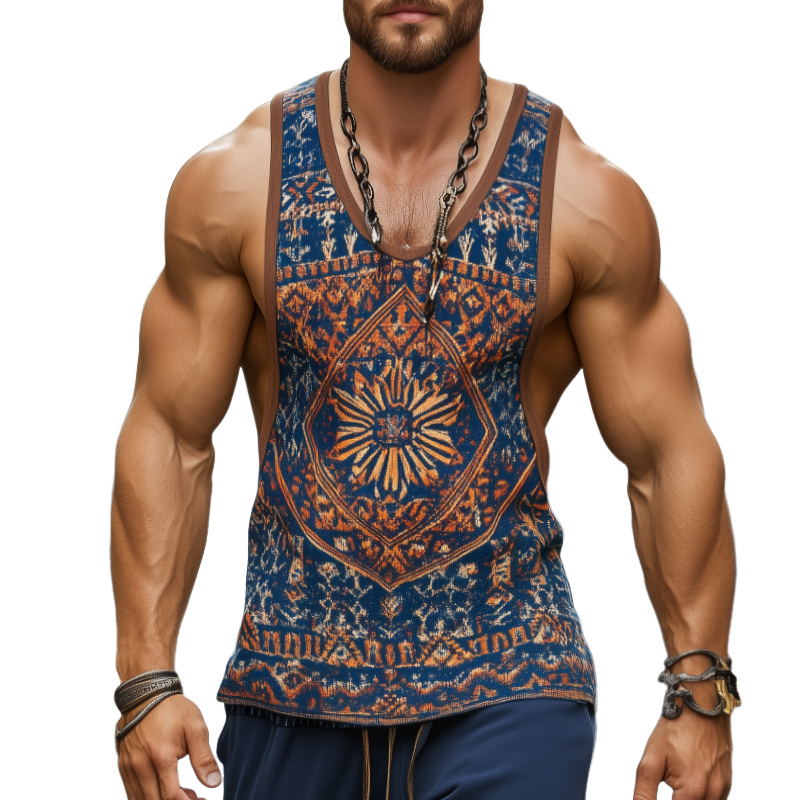 Heren Retro Casual Etnische Stijl Tanktop met Geometrische Print en Ronde Hals 99953934TO