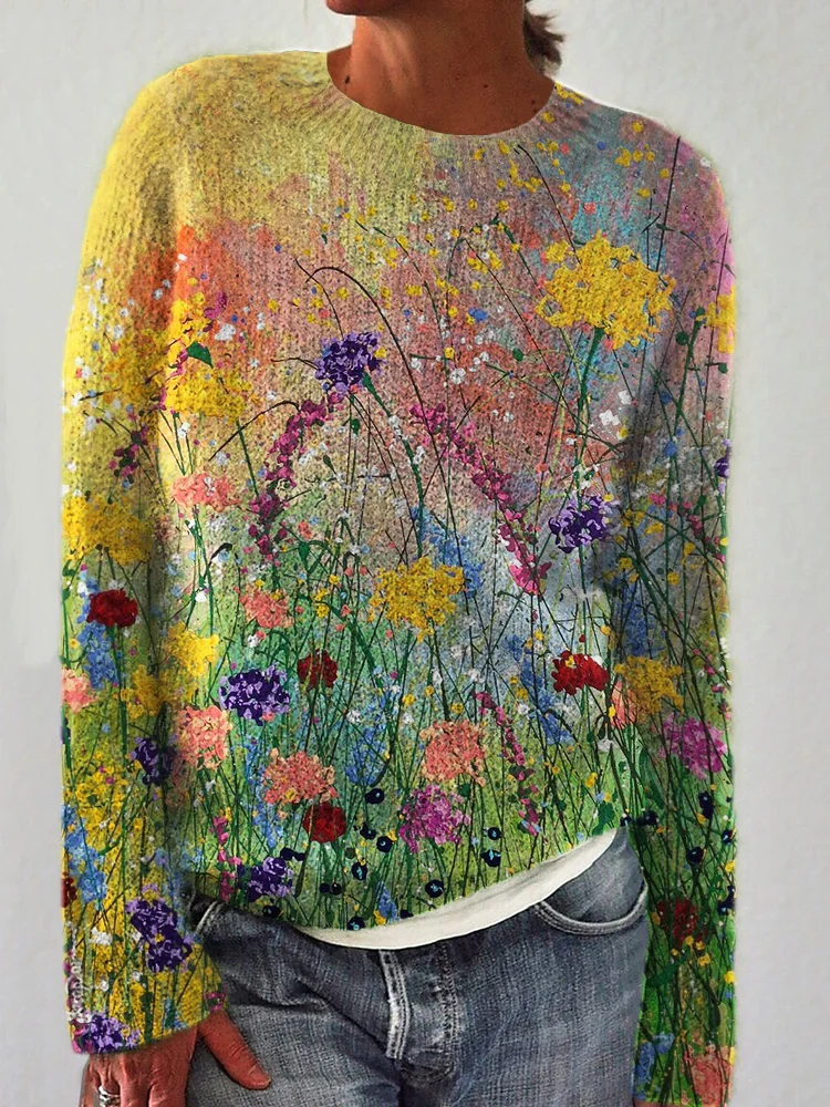 Barneys New York | Gezellige pullover met bloem olieverfschilderij kunstwerk
