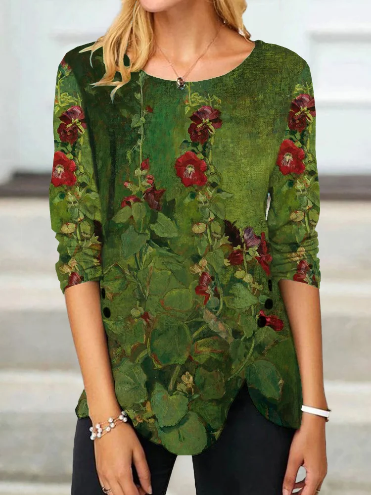 Barneys New York  | T-Shirt mit Kunstdruck von Malven mit Schlitz und Knopfverschluss