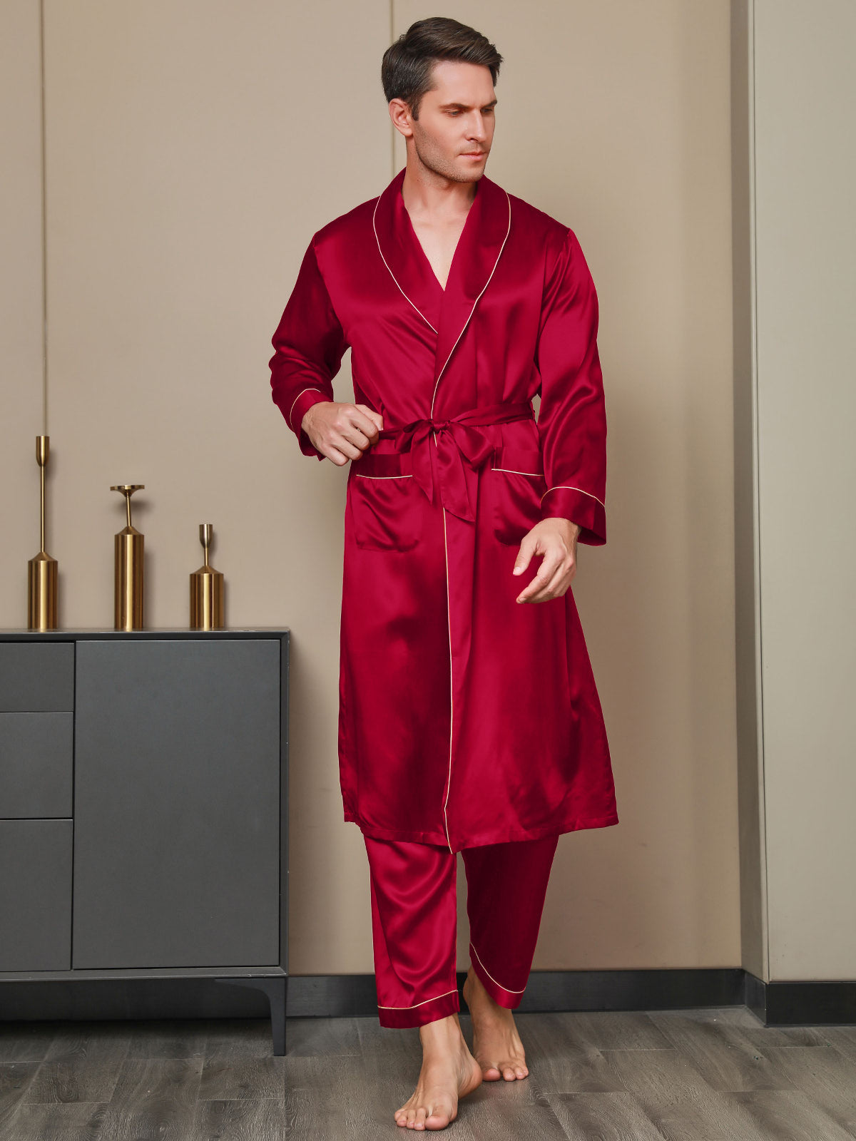 Peignoir Ceinturée à Col Revers En Pure Soie (Sans Pantalon)