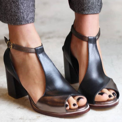 Nadaria | Schwarze Peep-Toe Patchwork Sandalen mit Absatz