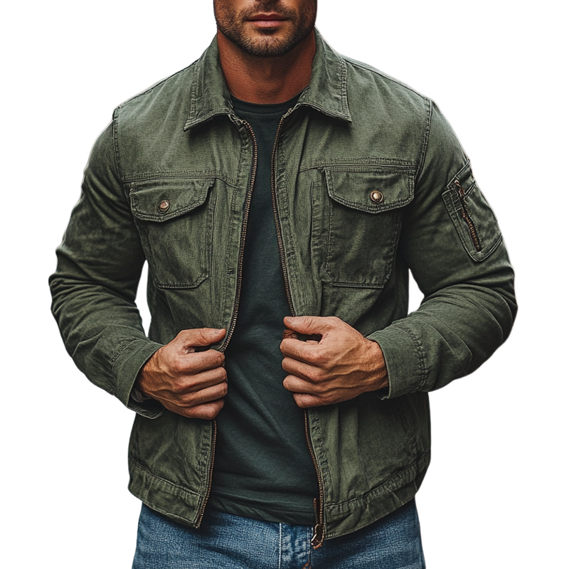 Herren Vintage Gewaschene Revers Jacke mit Reißverschluss