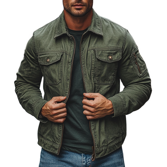 Herren Vintage Gewaschene Revers Jacke mit Reißverschluss