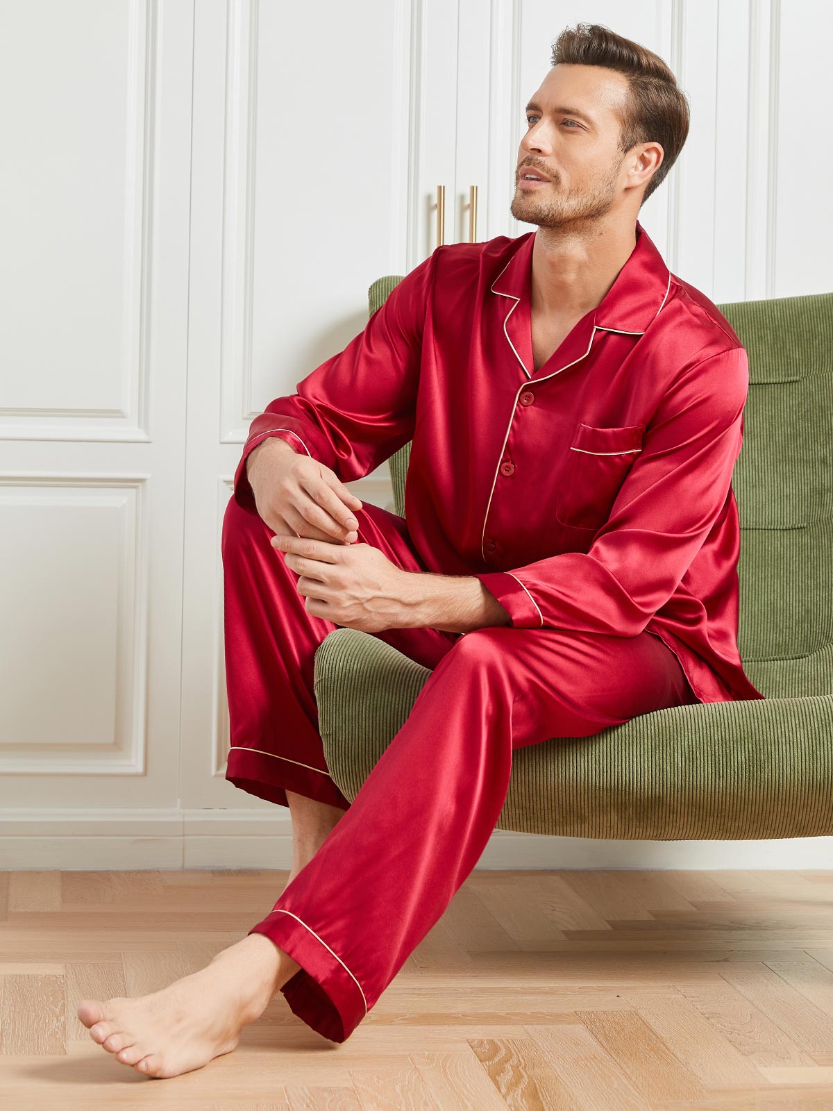Ensemble Pyjama à Manches Longues à Revers pour Homme en Soie