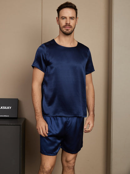 Casual pyjamaset voor heren, van pure zijde, met korte mouwen