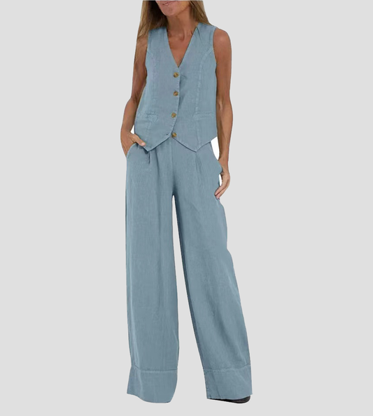Rosea Set aus Weste mit Knöpfen und Hose mit weitem Bein
