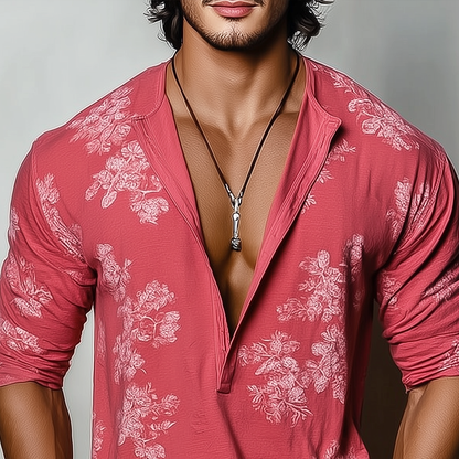Herren Langarm-T-Shirt mit Blumenmuster und Henley-Kragen