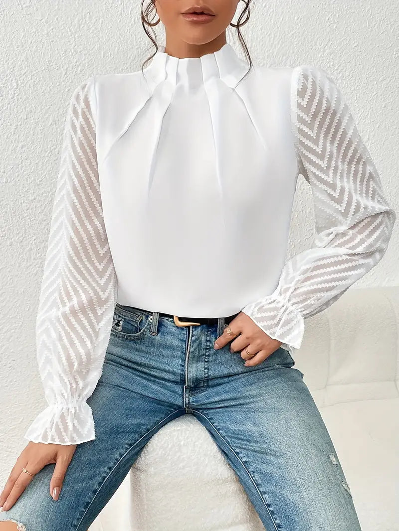 Kolbrun | Schicker plissierter top mit netzärmeln für damen