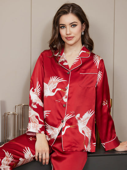 19Momme Ensemble Pyjama Long en Soie avec Imprimé Crane pour Femme