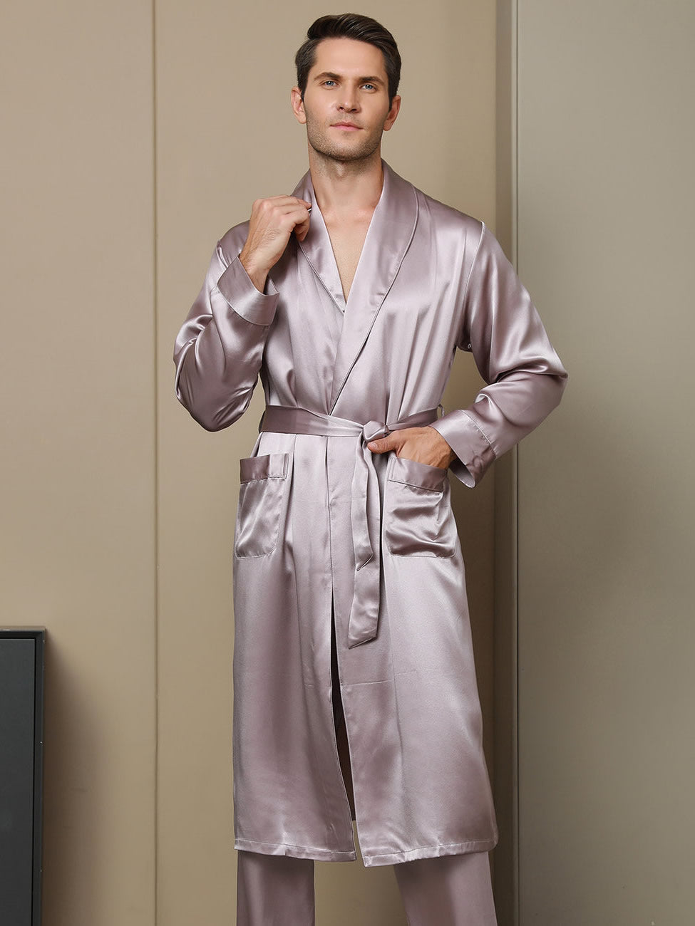 Peignoir Ceinturée à Col Revers En Pure Soie (Sans Pantalon)