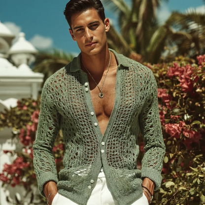 Herren Retro Casual Langarmhemd mit Strickmuster und Reverskragen (Hollow Knit Design)