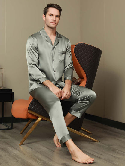 Pyjama à Revers en Pure Soie pour Hommes 2Pcs