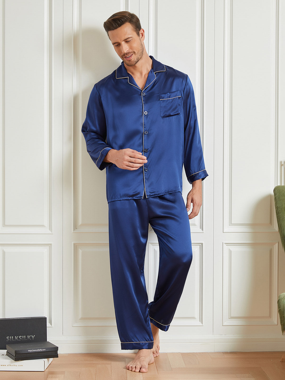 Ensemble Pyjama à Manches Longues à Revers pour Homme en Soie