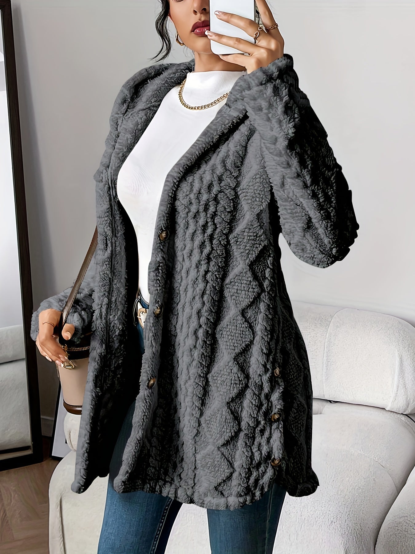 Paula™ - Flauschige Kapuzenstrickjacke mit Diamantmuster