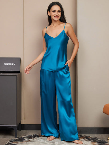 Zijden pyjamaset met camisole en wijde broek