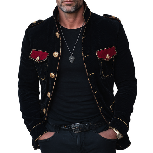 Herren Vintage Samtjacke mit Stehkragen und Mehrfachknöpfen