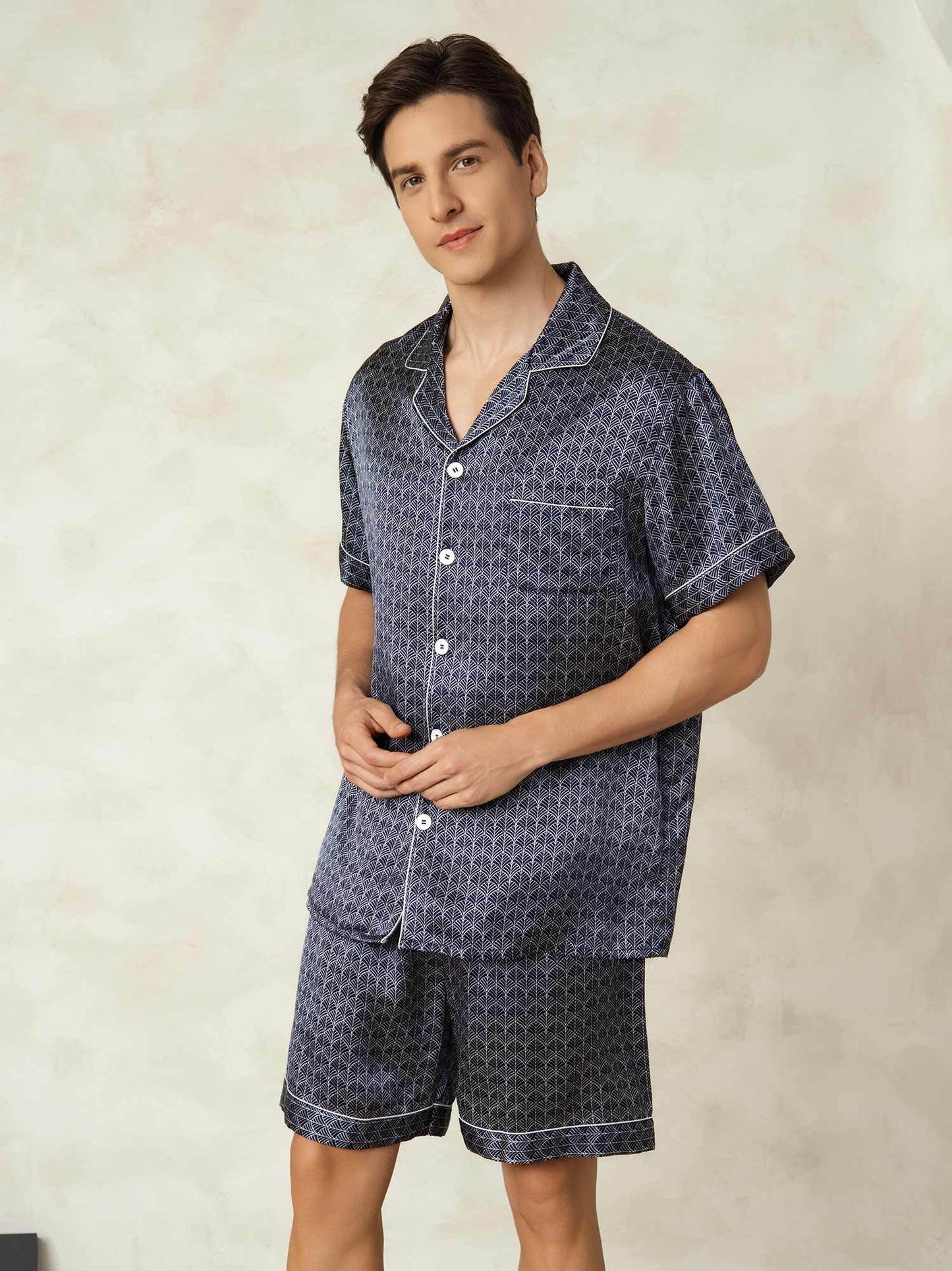 Homme Pyjamas Pure Soie Géométrique Court 2 Pièces