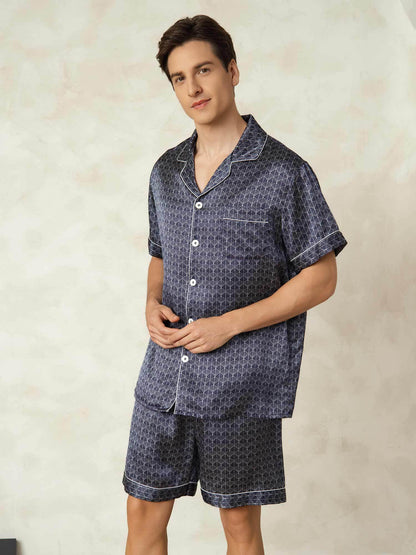 Homme Pyjamas Pure Soie Géométrique Court 2 Pièces
