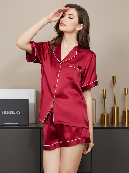 Pyjama À Manches Courtes En Soie De Mûrier 100% Pour Femmes