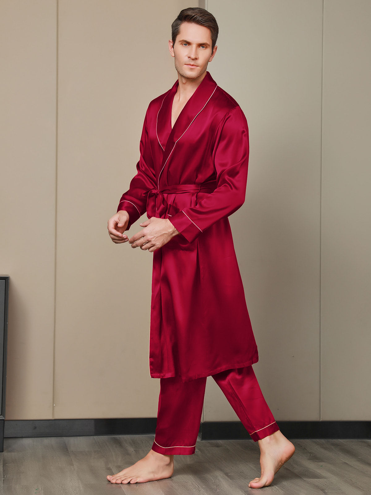 Peignoir Ceinturée à Col Revers En Pure Soie (Sans Pantalon)