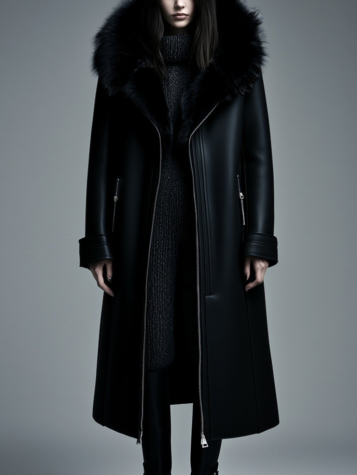 Dames trenchcoat van imitatieleer met capuchon, warm gevoerd en met bontafwerking