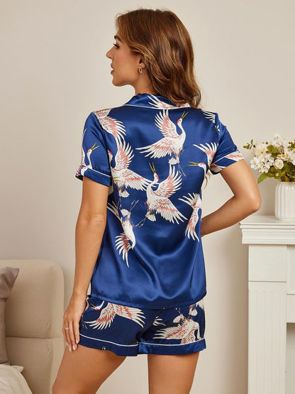 19MommeEnsemble Pyjama Court à Manches Courtes en Soie avec Imprimé Crane pour Femme