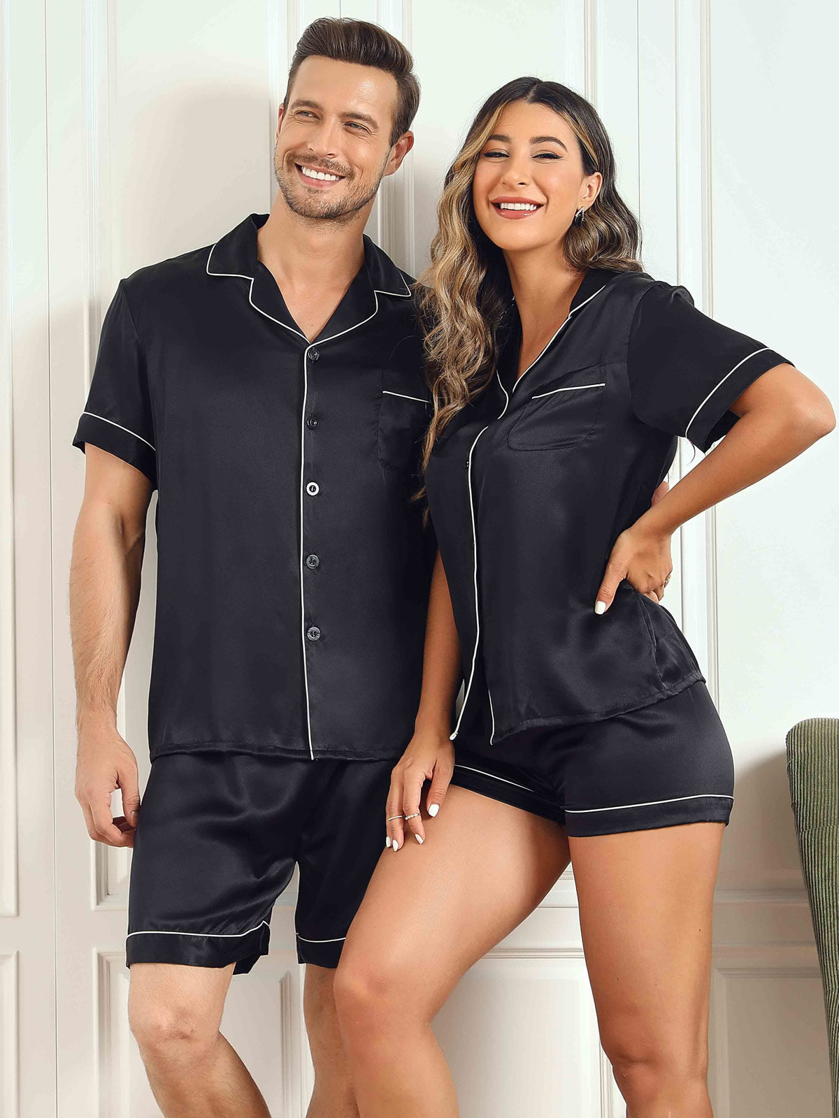 Ensembles de Pyjama Court en Soie Pure pour Couple Total 4Pcs