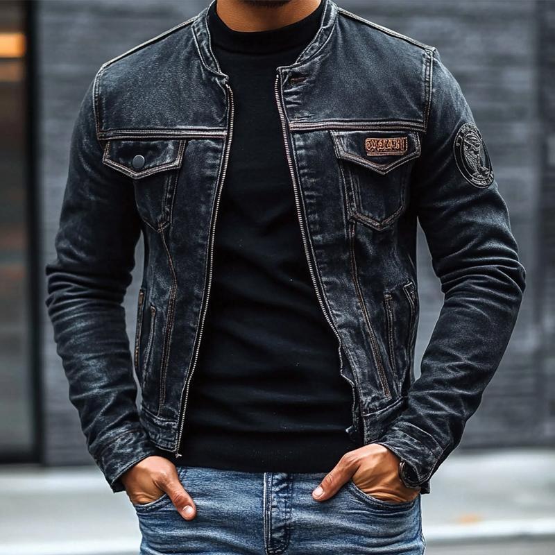 Herren Vintage Jeansjacke mit gewaschenem Baseballkragen und Slim-Fit-Passform