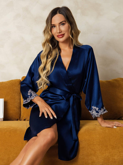 Soie Dentelle Poignets Peignoir Envelopper Kimono Ceinturé Avec 3/4 Manches