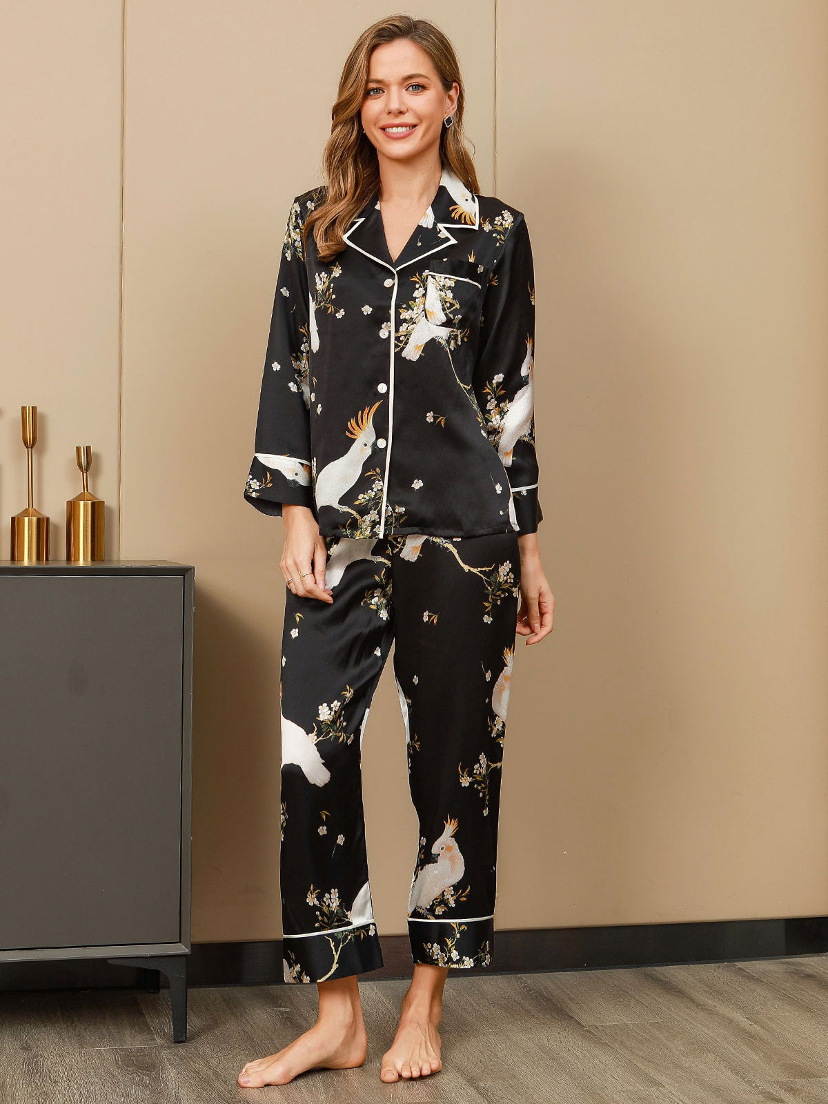 2-delige pyjama van pure zijde met print