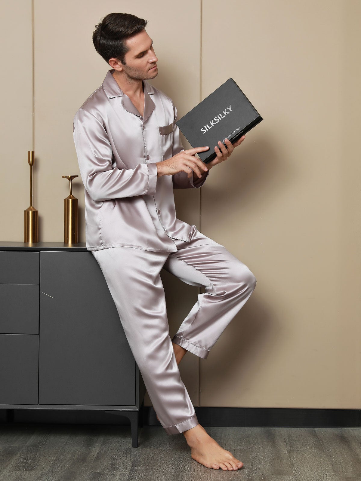 Ensemble Pyjama à Manches Longues à Revers pour Homme en Soie