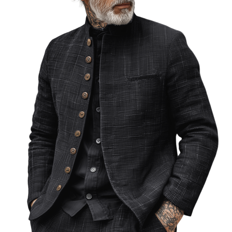 Men's jacket with woven texture, check pattern, stand-up collar and single-breasted closure