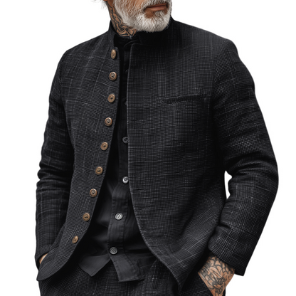 Men's jacket with woven texture, check pattern, stand-up collar and single-breasted closure