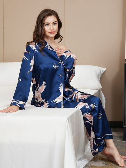 19Momme Ensemble Pyjama Complet à Imprimé Grue en Soie 100% Murier pour Femme